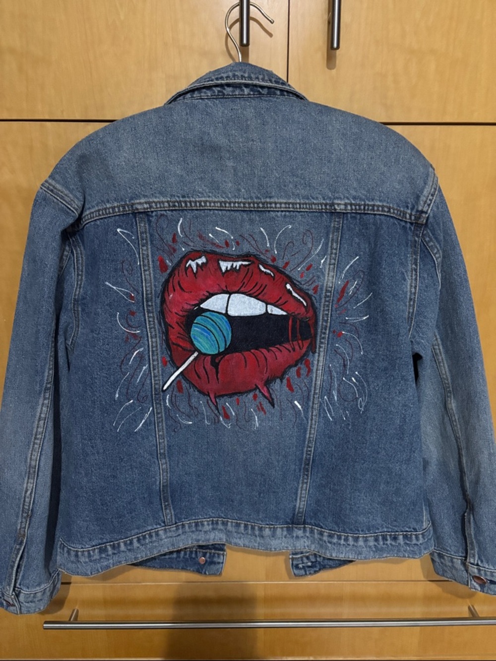 Joe's Blue Denim Hand Painted Jacket with Fang Lips pin on Front pocket